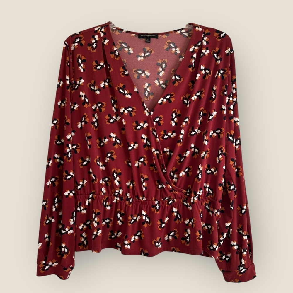 🌼 BR Brick Red w/ Multicolor Floral Print | Peplum Wrap Stretch Knit Top | Sz XL